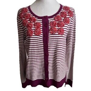 Architect Ladies Embroidered Long Sleeve Striped Cardigan Sweater Magenta Medium